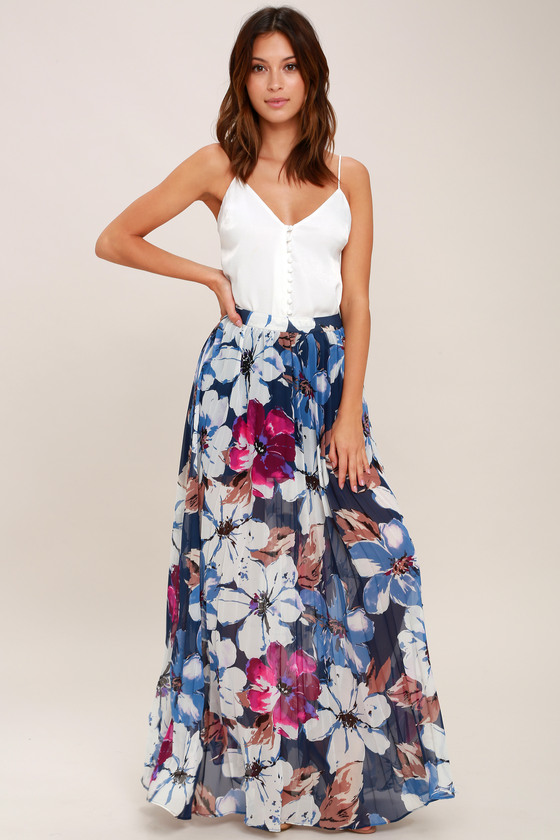 Navy Blue Floral Print Maxi Skirt ...